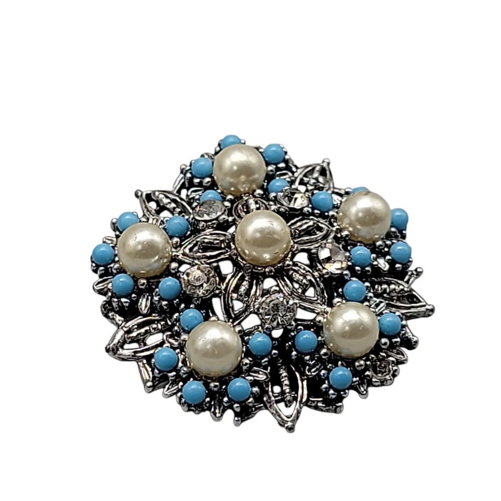 Star Vintage Faux Turquoise & Imitation Pearl Brooch Silver Tone Rhinestones - Picture 4 of 6